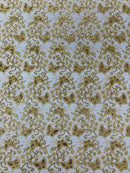 Butterflies Swirl Design - Gold -  Metallic Sequins Butterflies on Lace Fabric By Yard