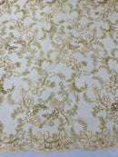 Flower Metallic Lace Fabric - Gold - Corded Floral Sequins Design Fabric Embroidered on Lace by Yard