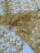 Metallic Floral Butterfly Fabric - Gold - Embroidered Floral Butterfly Design Mesh Fabric by Yard