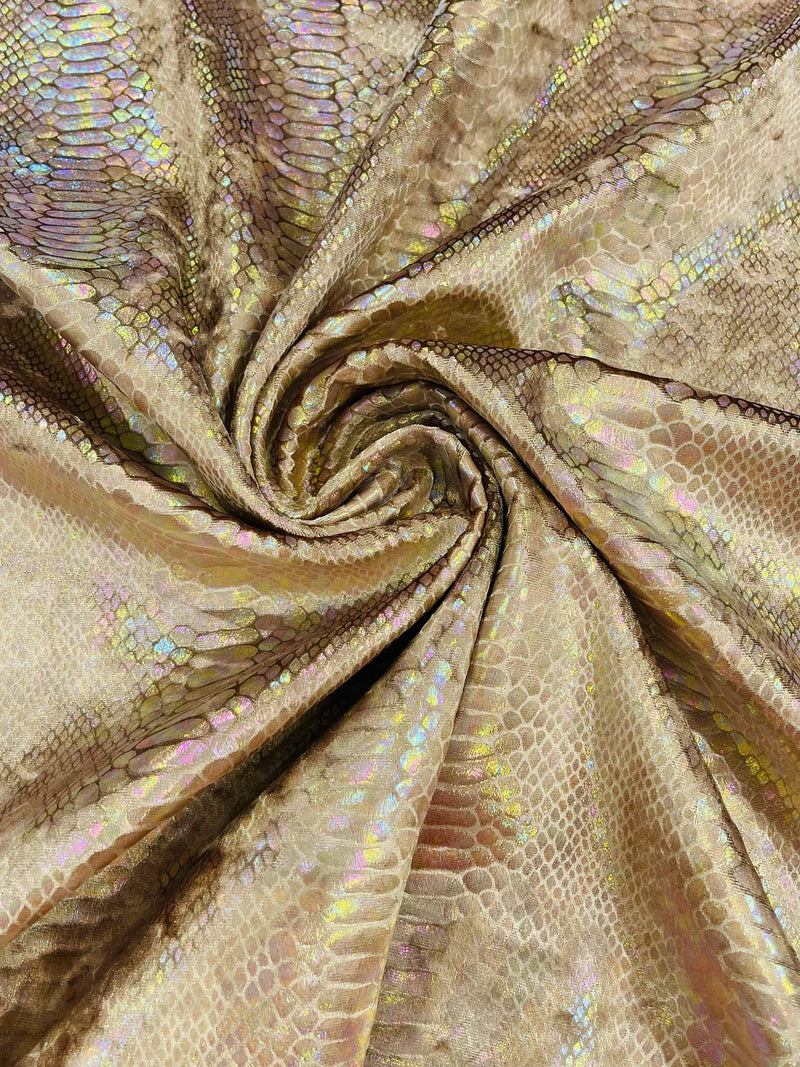 Gold Iridescent Illusion Anaconda Foil Printed On Stretch Velvet - Sold By The Yard