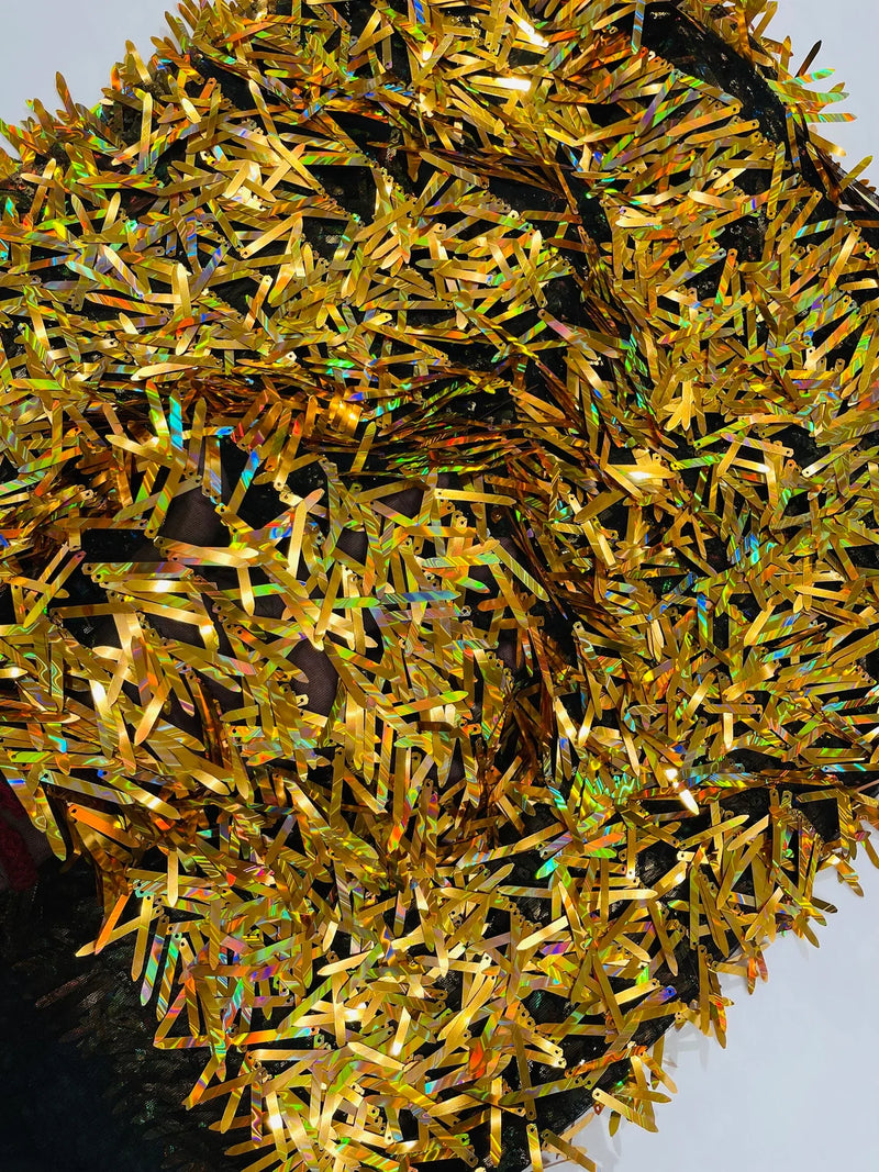 Sword Shaped Sequins - Gold Iridescent - Hanging Iridescent Sequins On Mesh Fabric By Yard