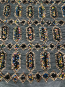 Geometric Stretch Sequin - Gold Iridescent on Black - Fancy Gem Design on Mesh By Yard