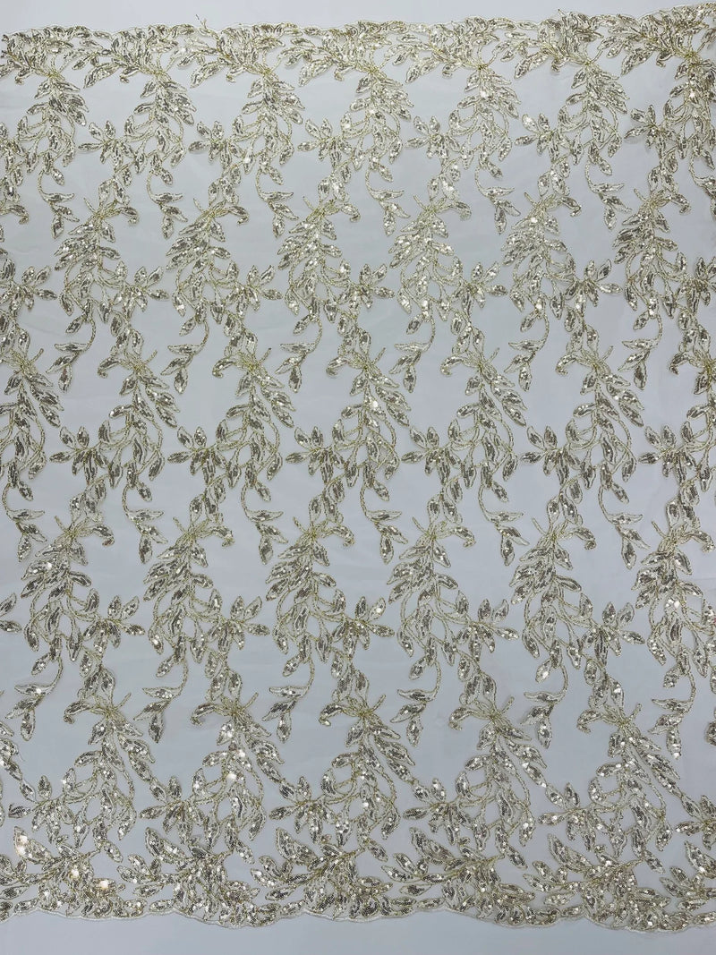 Gold / Off-White Metallic Thread Leaf Design Embroidered With Sequins on a Mesh Lace Fabric by the Yard