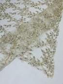 Gold / Off-White Metallic Thread Leaf Design Embroidered With Sequins on a Mesh Lace Fabric by the Yard