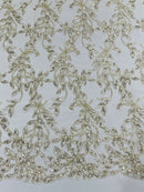Gold / Off-White Metallic Thread Leaf Design Embroidered With Sequins on a Mesh Lace Fabric by the Yard