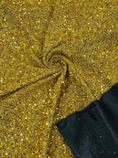 Metallic Foil Sequins - Gold on Black - 2 Way Stretch Spandex with 5mm Sequins Fabric by yard