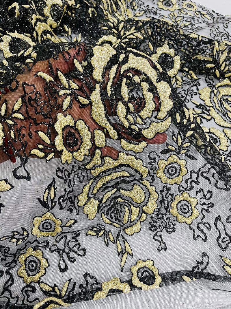 3D Chunky Glitter Rose Fabric - Gold on Black -  Flower Glitter Design on Tulle Fabric Sold by Yard