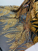 Wavy Leaf Design Fabric - Gold on Black - 4 Way Stretch Sequins Lace Mesh Leaf Design Fabric by Yard