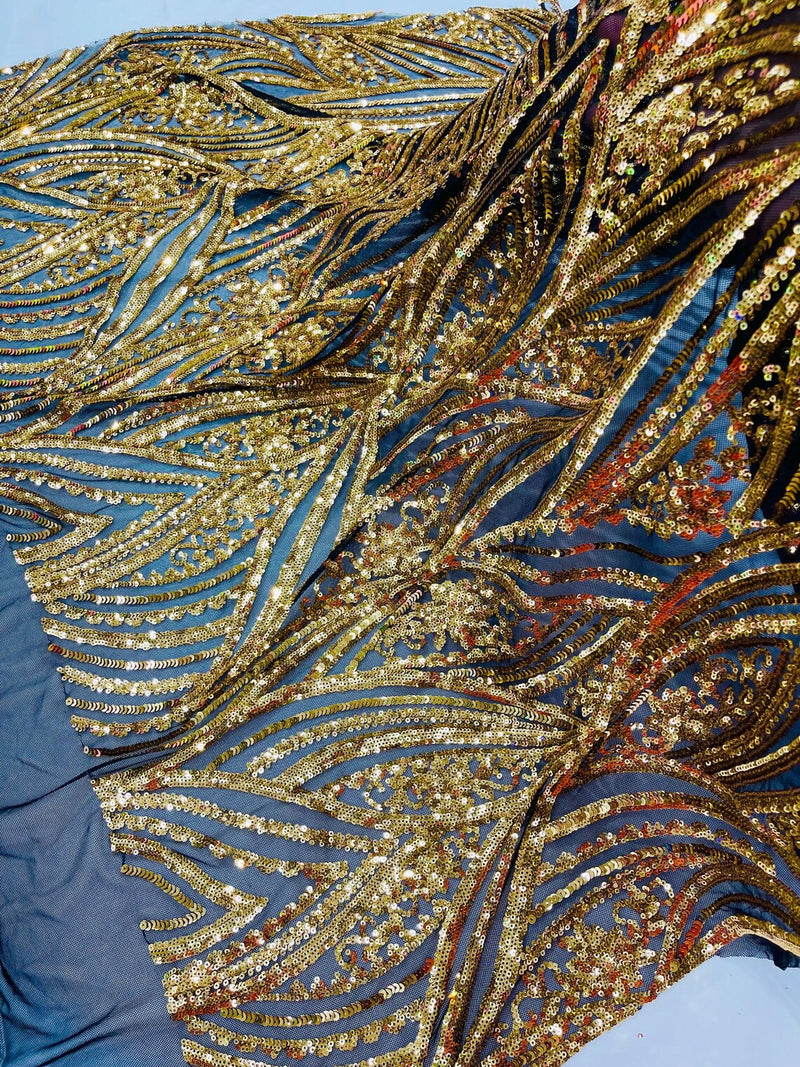 Curvy Design Sequins Fabric - Gold on Black - 4 Way Stretch Curvy Sequins Design Mesh Fabric by Yard