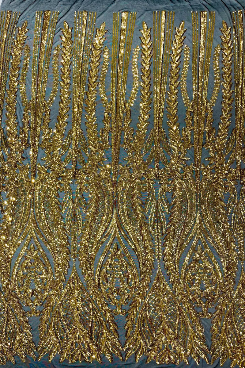 Mermaid Design Fabric - Gold on Black - 4 Way Stretch Sequins Fabric on Lace Mesh Sold By Yard