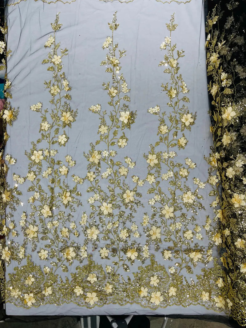 3D Glitter Floral Fabric - Gold on Black - Glitter Sequin Flower Design on Lace Mesh Fabric by Yard