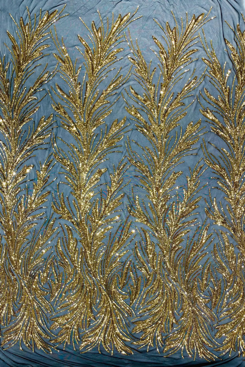 Leaf Stretch Sequins Fabric - Gold on Black - 4 Way Stretch Sequins on Lace Mesh Fabric by Yard