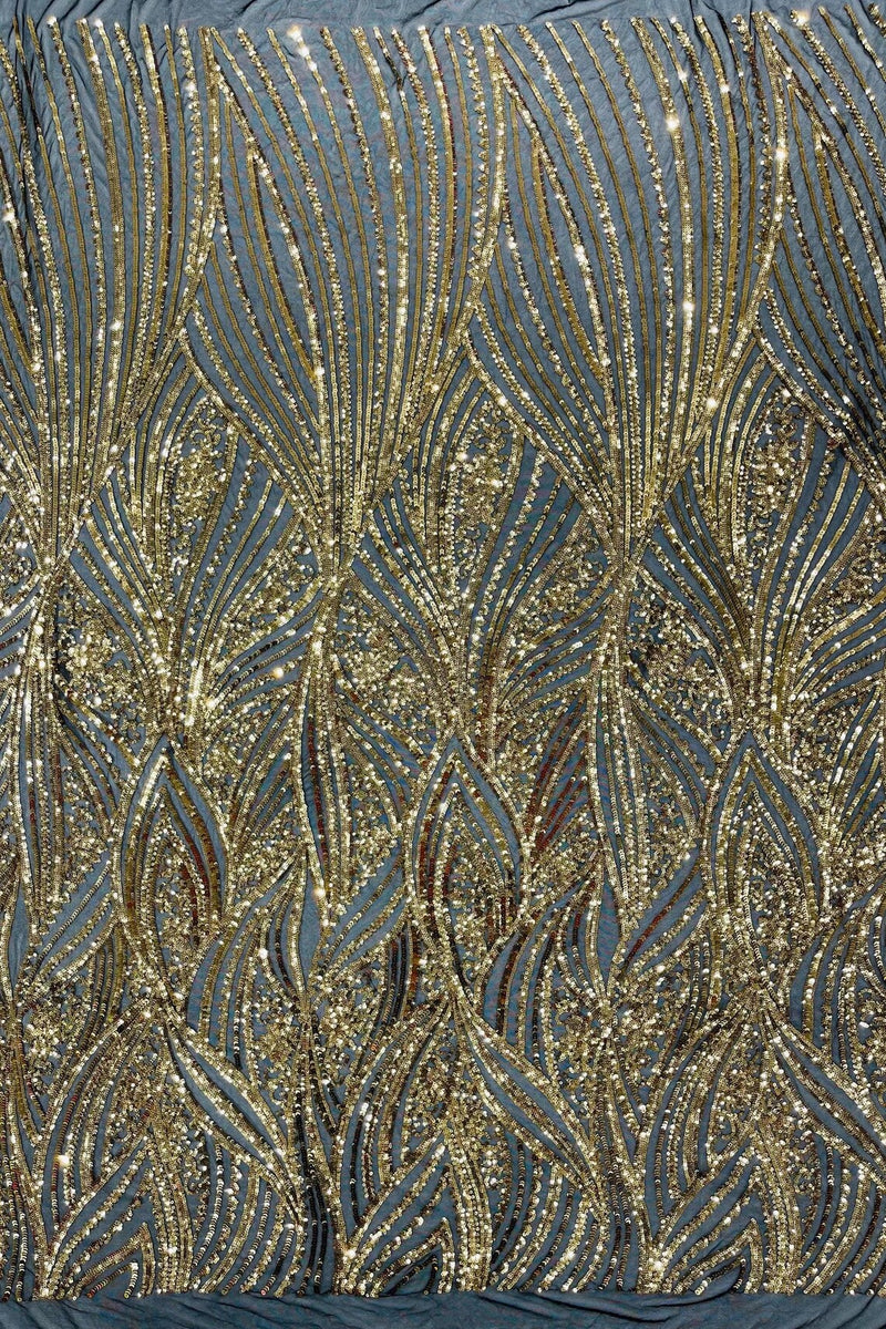 Curvy Design Sequins Fabric - Gold on Black - 4 Way Stretch Curvy Sequins Design Mesh Fabric by Yard