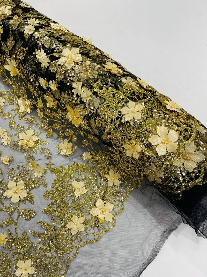 3D Glitter Floral Fabric - Gold on Black - Glitter Sequin Flower Design on Lace Mesh Fabric by Yard