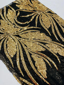 Wavy Leaf Design Fabric - Gold on Black - 4 Way Stretch Sequins Lace Mesh Leaf Design Fabric by Yard
