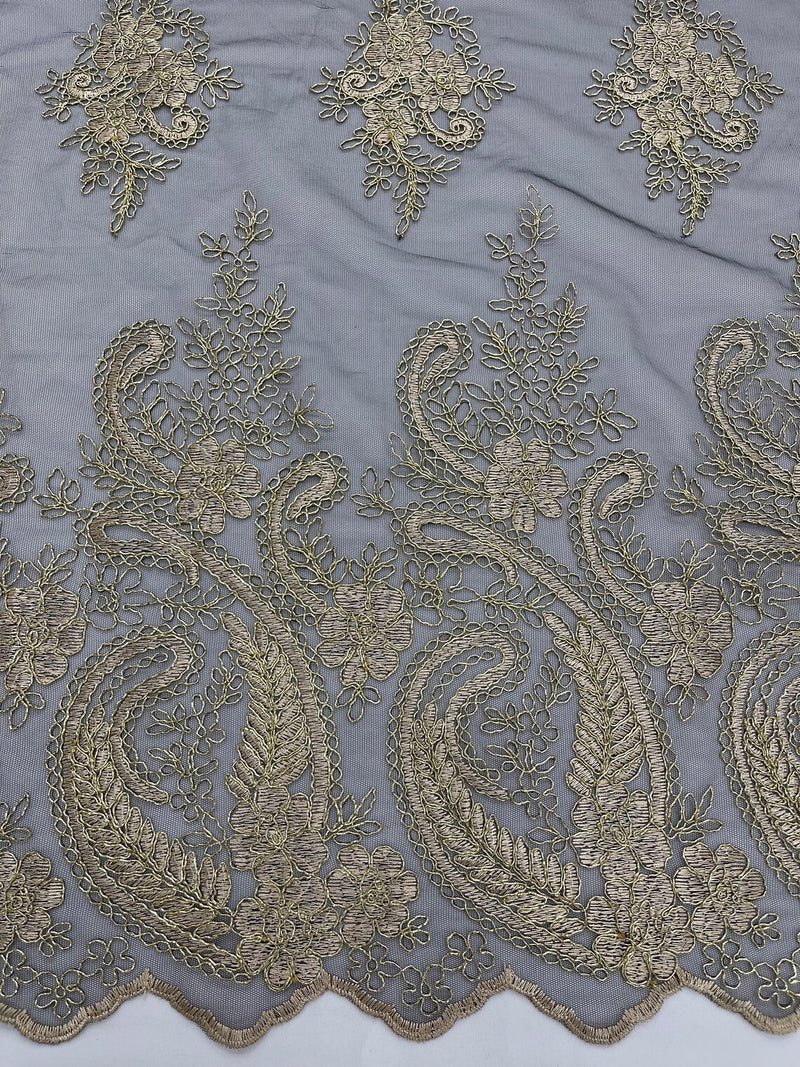 Metallic Paisley Floral Lace - Gold on Black - Corded Floral Lace with Metallic Thread on Mesh By Yard