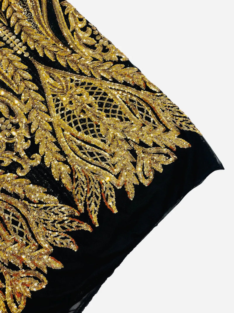 Mermaid Design Fabric - Gold on Black - 4 Way Stretch Sequins Fabric on Lace Mesh Sold By Yard