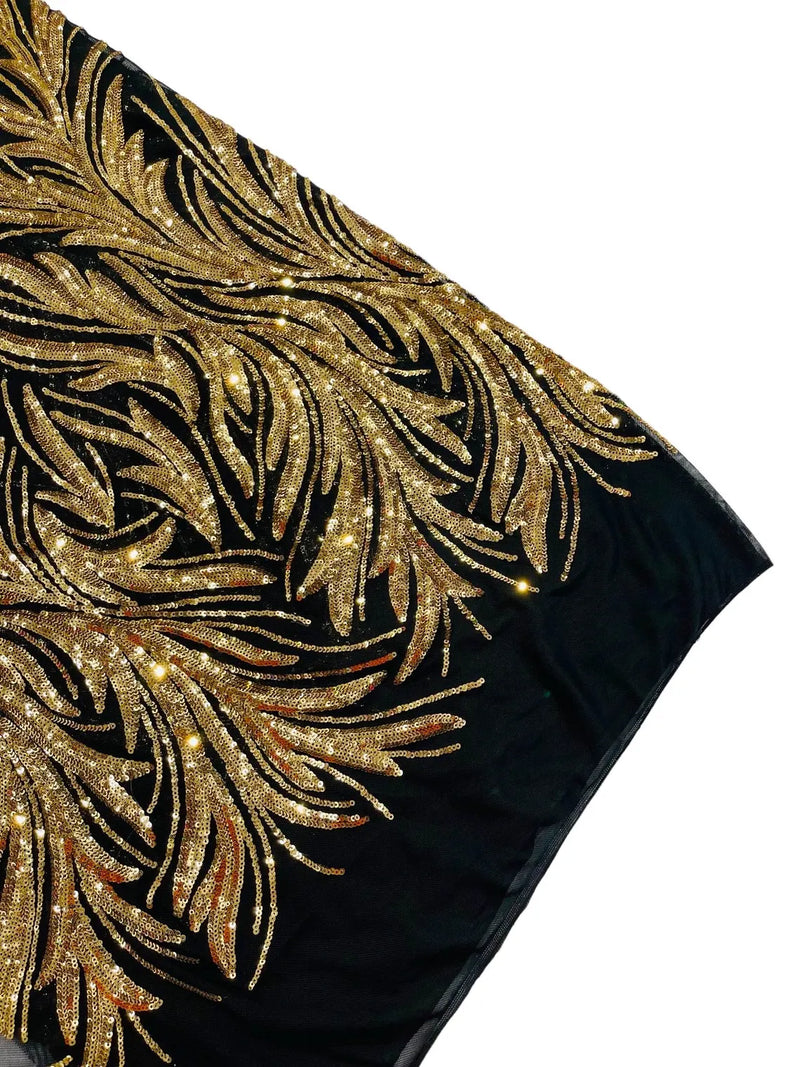 Leaf Stretch Sequins Fabric - Gold on Black - 4 Way Stretch Sequins on Lace Mesh Fabric by Yard