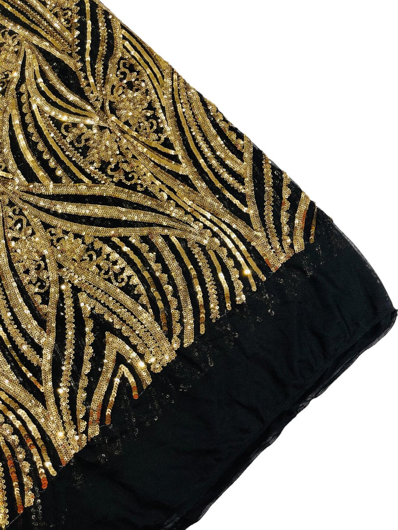 Curvy Design Sequins Fabric - Gold on Black - 4 Way Stretch Curvy Sequins Design Mesh Fabric by Yard