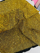 Metallic Foil Sequins - Gold on Black - 2 Way Stretch Spandex with 5mm Sequins Fabric by yard