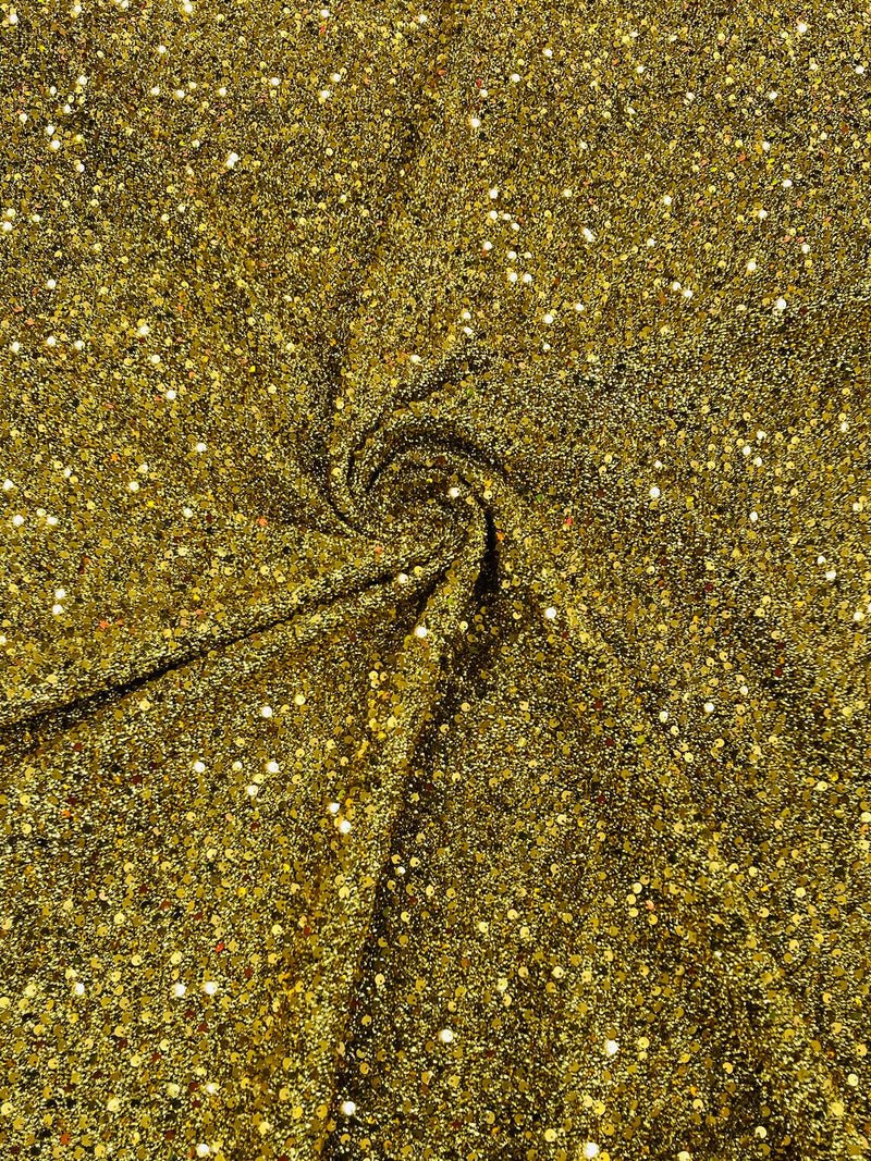 Metallic Foil Sequins - Gold on Black - 2 Way Stretch Spandex with 5mm Sequins Fabric by yard