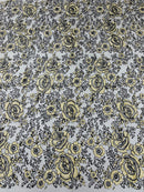 3D Chunky Glitter Rose Fabric - Gold on Black -  Flower Glitter Design on Tulle Fabric Sold by Yard
