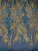 Wavy Leaf Design Fabric - Gold on Black - 4 Way Stretch Sequins Lace Mesh Leaf Design Fabric by Yard