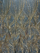Curvy Design Sequins Fabric - Gold on Black - 4 Way Stretch Curvy Sequins Design Mesh Fabric by Yard