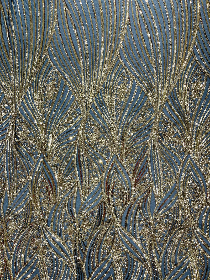 Curvy Design Sequins Fabric - Gold on Black - 4 Way Stretch Curvy Sequins Design Mesh Fabric by Yard