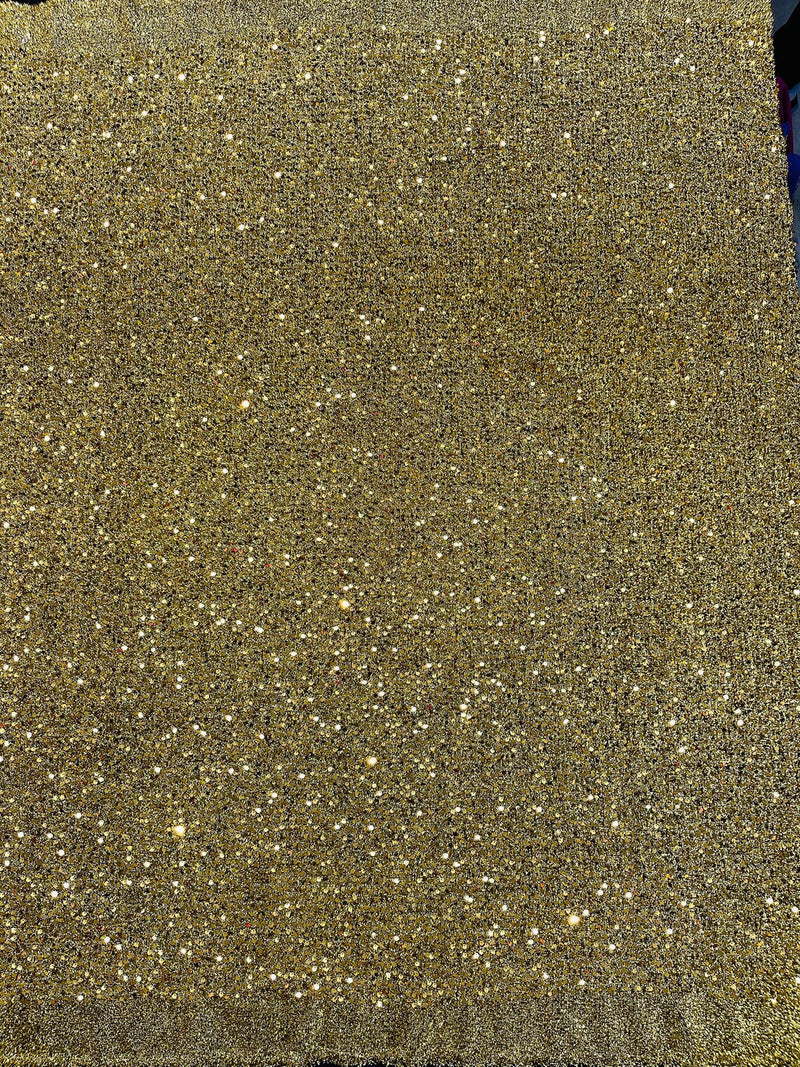 Metallic Foil Sequins - Gold on Black - 2 Way Stretch Spandex with 5mm Sequins Fabric by yard
