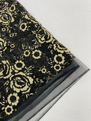 3D Chunky Glitter Rose Fabric - Gold on Black -  Flower Glitter Design on Tulle Fabric Sold by Yard