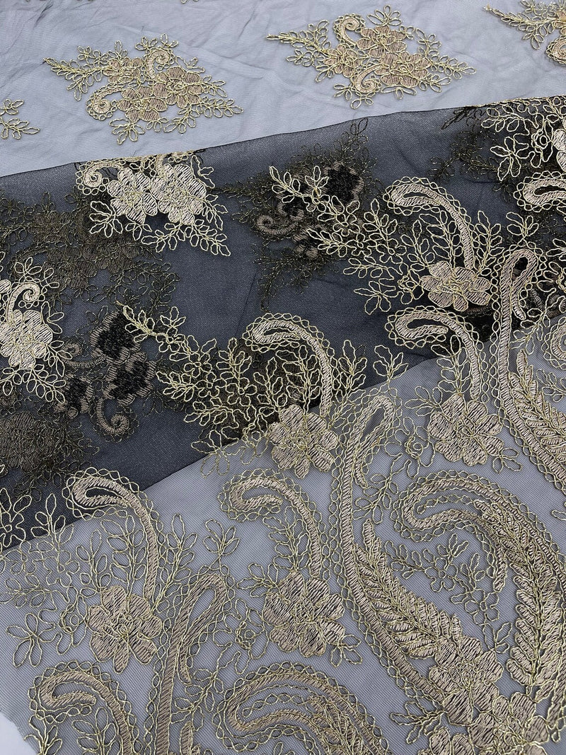 Metallic Paisley Floral Lace - Gold on Black - Corded Floral Lace with Metallic Thread on Mesh By Yard