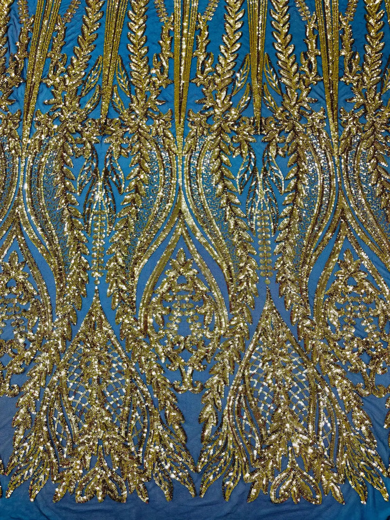 Mermaid Design Fabric - Gold on Black - 4 Way Stretch Sequins Fabric on Lace Mesh Sold By Yard