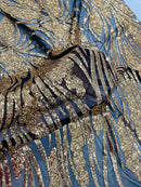 Wavy Leaf Design Fabric - Gold on Black - 4 Way Stretch Sequins Lace Mesh Leaf Design Fabric by Yard