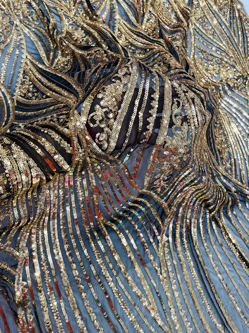 Curvy Design Sequins Fabric - Gold on Black - 4 Way Stretch Curvy Sequins Design Mesh Fabric by Yard