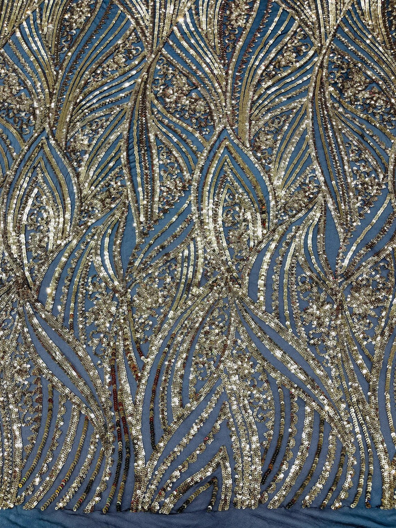 Curvy Design Sequins Fabric - Gold on Black - 4 Way Stretch Curvy Sequins Design Mesh Fabric by Yard