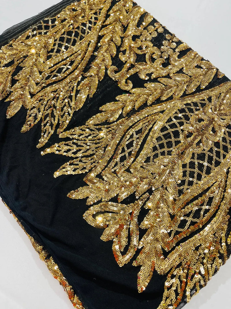 Mermaid Design Fabric - Gold on Black - 4 Way Stretch Sequins Fabric on Lace Mesh Sold By Yard