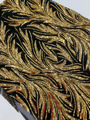 Leaf Stretch Sequins Fabric - Gold on Black - 4 Way Stretch Sequins on Lace Mesh Fabric by Yard