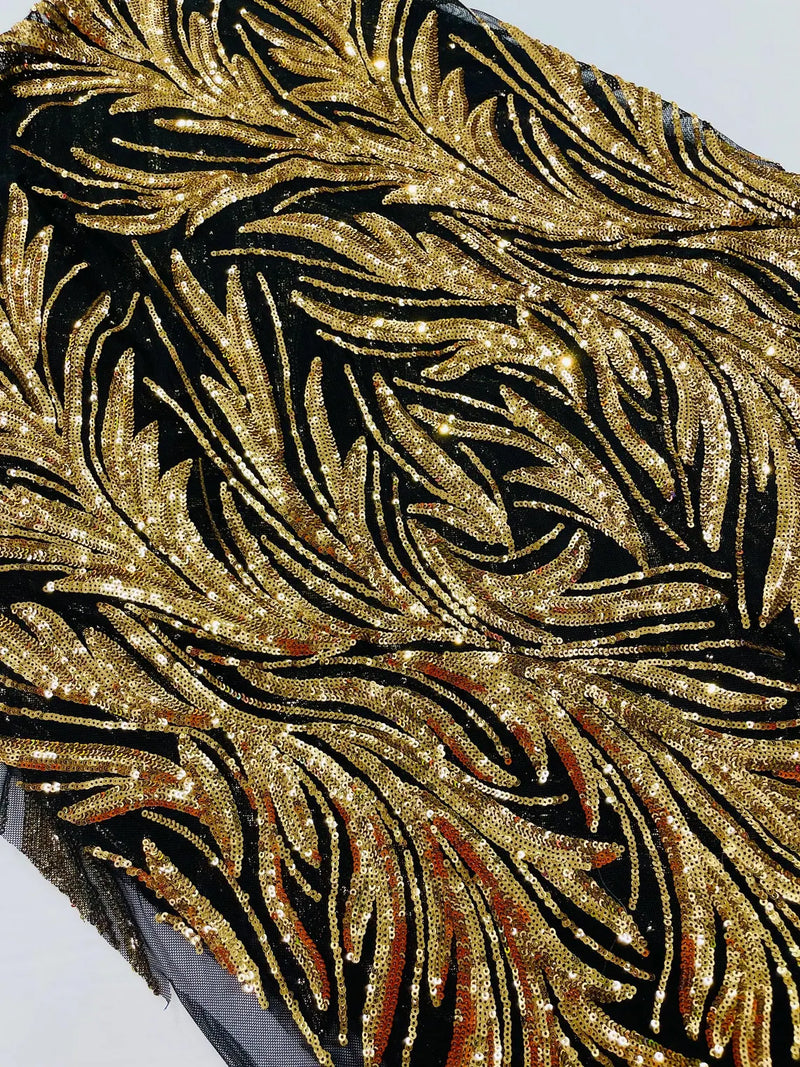 Leaf Stretch Sequins Fabric - Gold on Black - 4 Way Stretch Sequins on Lace Mesh Fabric by Yard