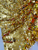 Circle Paillette Sequins - Gold on Ivory - Large Round Paillette Sequins Design Fabric By Yard