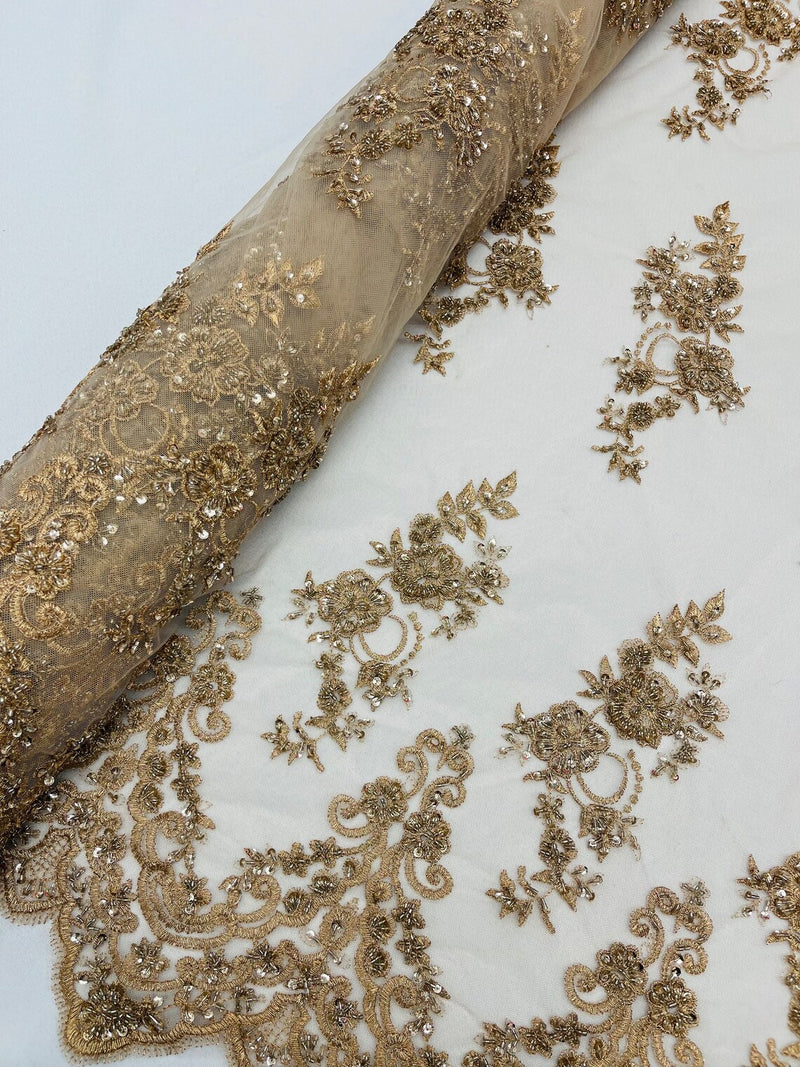 Floral Cluster Beaded Fabric - Gold