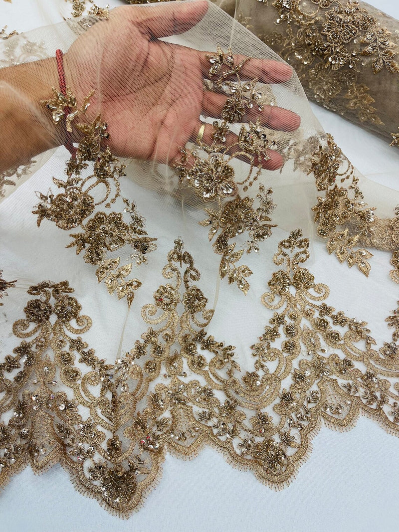 Floral Cluster Beaded Fabric - Gold