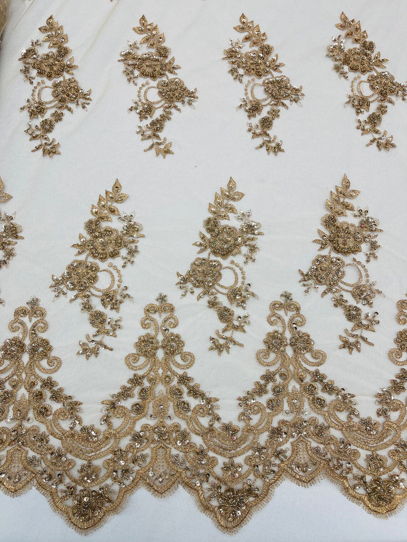 Floral Cluster Beaded Fabric - Gold