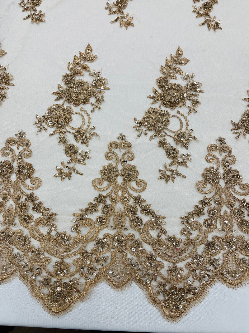 Floral Cluster Beaded Fabric - Gold