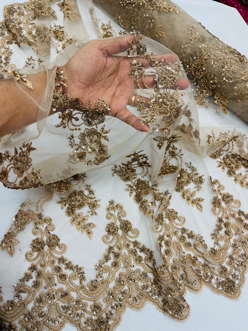 Floral Cluster Beaded Fabric - Gold