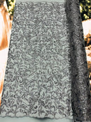 Floral Leaf Bead Fabric - Gray - Leaf Design Shiny Beads and Sequins on Lace Mesh by Yard