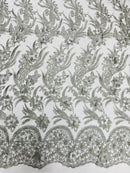 3D Floral Leaf Line Panels - Gray - 3D Embroidered Flower Lines with Pearls on Lace By Yard