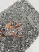 Butterfly Floral Lace Fabric - Gray - Butterfly Flower Metallic Design on Lace Fabric By Yard