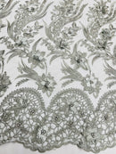 3D Floral Leaf Line Panels - Gray - 3D Embroidered Flower Lines with Pearls on Lace By Yard