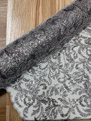 Floral Leaf Bead Fabric - Gray - Leaf Design Shiny Beads and Sequins on Lace Mesh by Yard